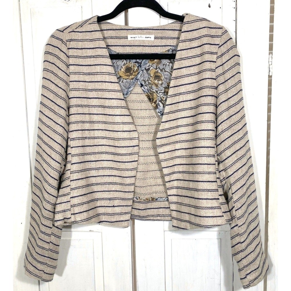 Many Belles Down Woven Cotton Cropped Blazer Size M Tan Navy Cottage Nautical